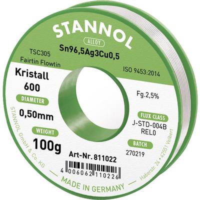 Spool of solder wire by Stannol. Label: 'Kristall 600', 'Sn96.5Ag3Cu0.5', diameter 0.50mm, weight 100g, Made in Germany.