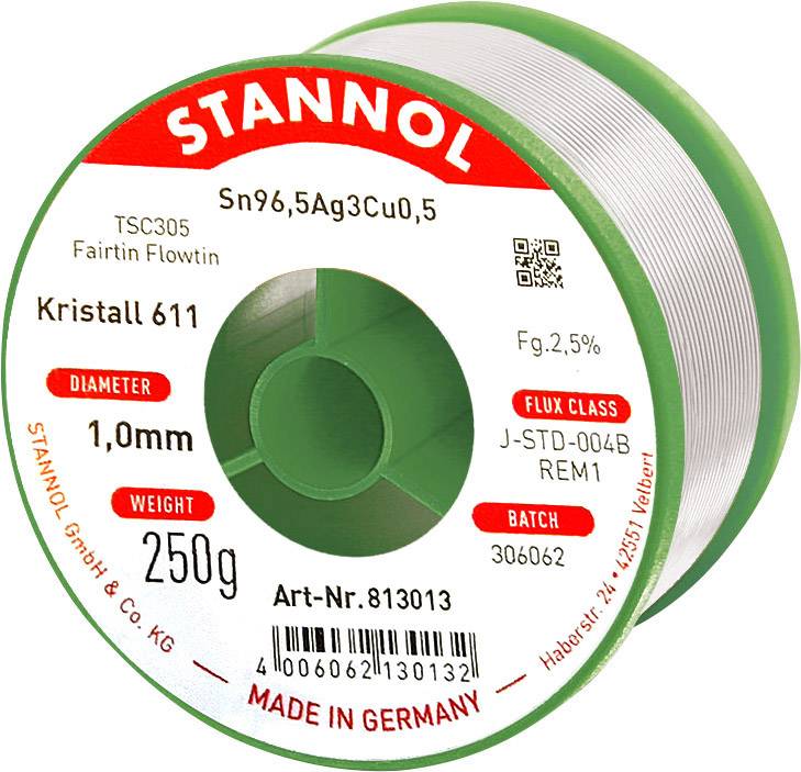 A spool of Stannol solder wire labeled 'Kristall 611' with a 1.0mm diameter and 250g weight. Includes specifications and made in Germany.