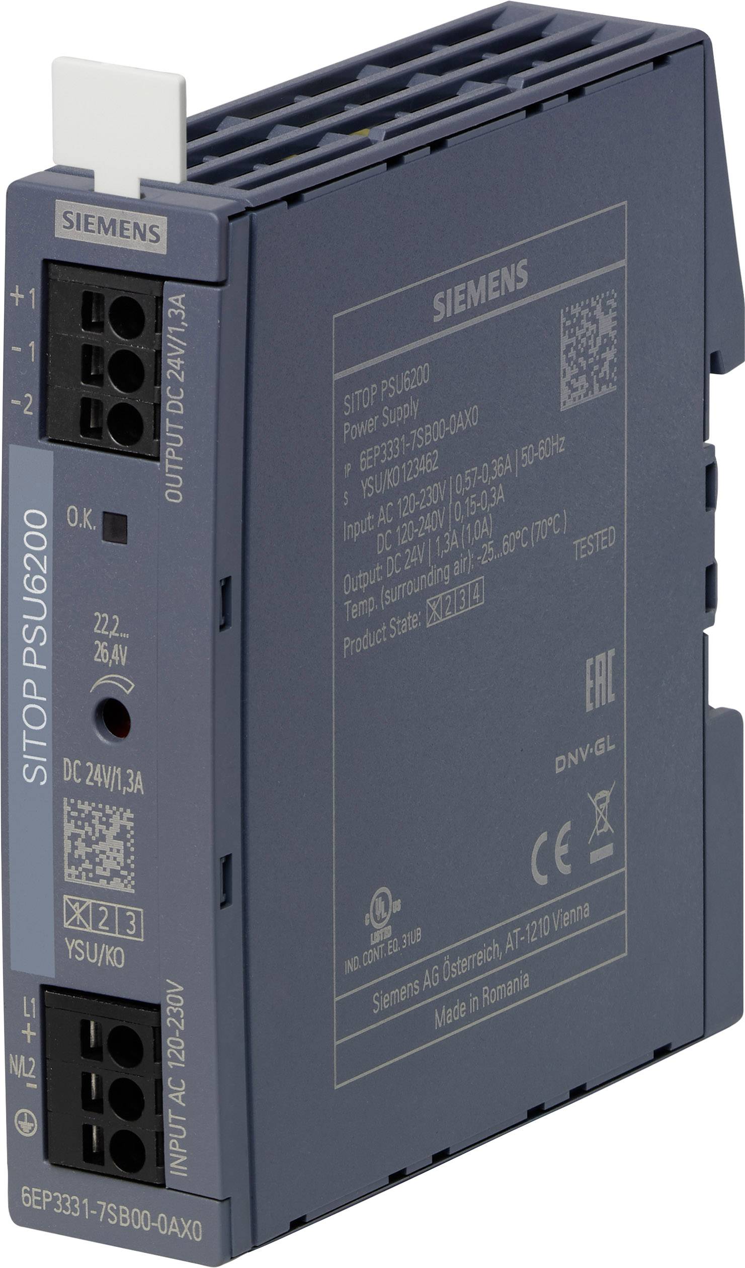 A blue power supply unit from Siemens, model SITOP PSU6200, with technical specifications and connections on the front panel.