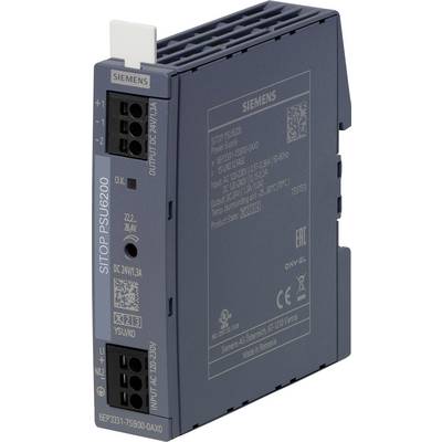 A blue power supply unit from Siemens, model SITOP PSU6200, with technical specifications and connections on the front panel.