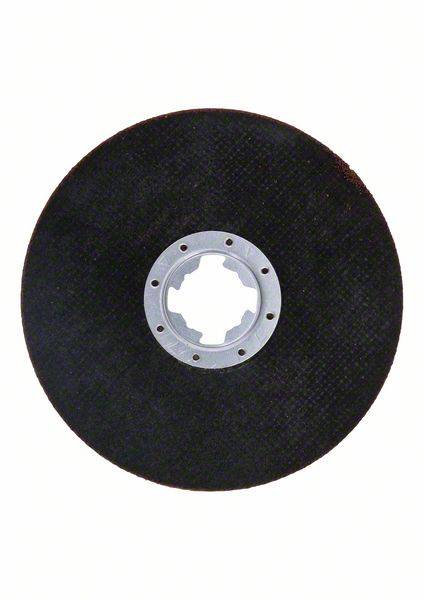 Grinding disc with a black surface and central metal connection. It is used for grinding in processing tools.<br><br>Translation to British English:<br>Grinding wheel with a black surface and central metal mounting. It is used for grinding in machining tools.