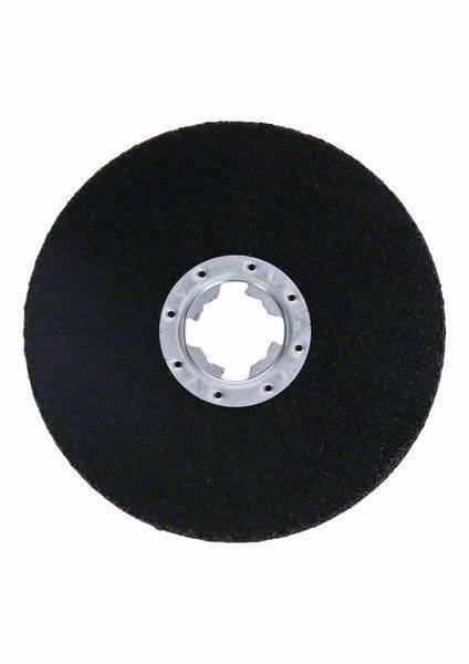 Grinding disc made of black material with a central hole and metal insert; used for surface grinding.