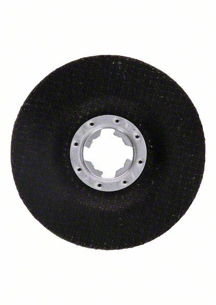 Black grinding disc with silver centre, top view, on white background.
