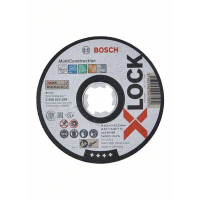 Bosch grinding disc with 'X-LOCK' marking, diameter 115 x 22.23 mm, for construction applications, maximum 13,300 rpm.