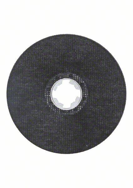 A black sanding sheet with a round shape and a toothed metal opening in the centre, suitable for use with grinding machines.