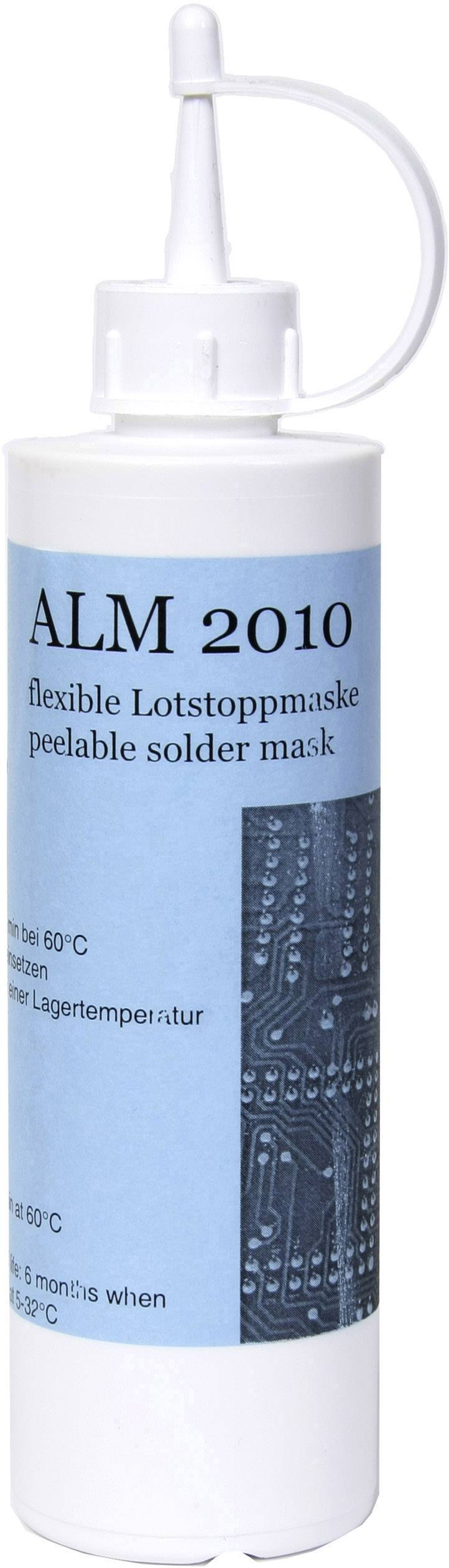 A white bottle with blue lettering 'ALM 2010 flexible solder resist mask'. Contains details regarding temperature and storage instructions.