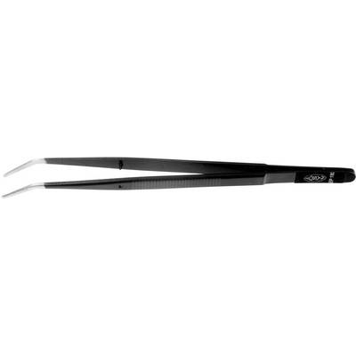A black metal tweezers with curved tips, used for precise handling of small objects.
