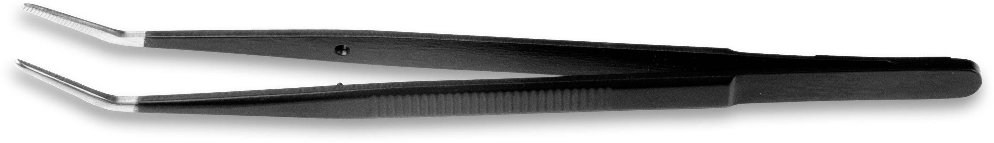 A black metal tweezers lies closed on a white surface.