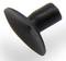 A black, round plastic stopper with a short, cylindrical shaft, used for sealing or covering.