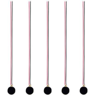 Five black round sensors with red and black wires arranged in a vertical line on a white background.