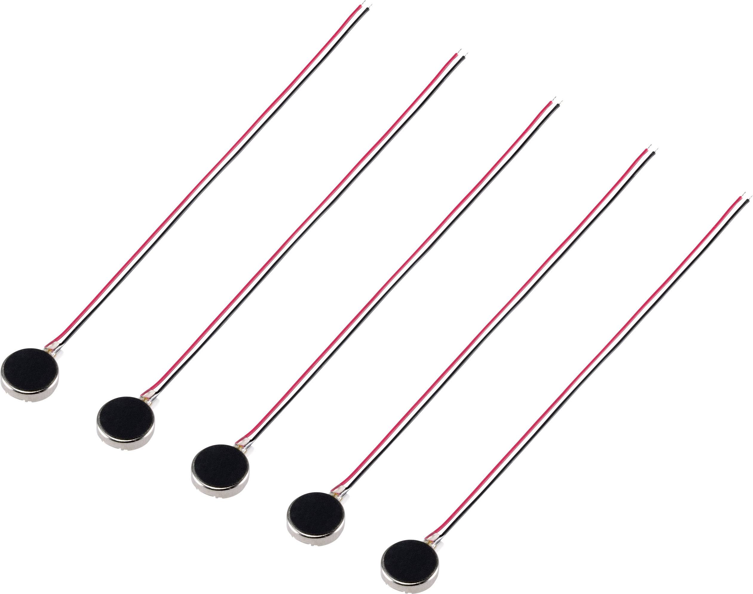 Five small round vibration motors with red and black cables, arranged side by side on a white background.