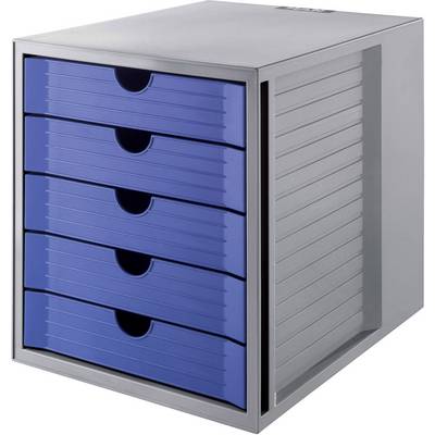 Grey drawer system with five blue drawers for office organisation. Ideal for storing documents and materials.