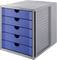 Grey drawer system with five blue drawers for office organisation. Ideal for storing documents and materials.