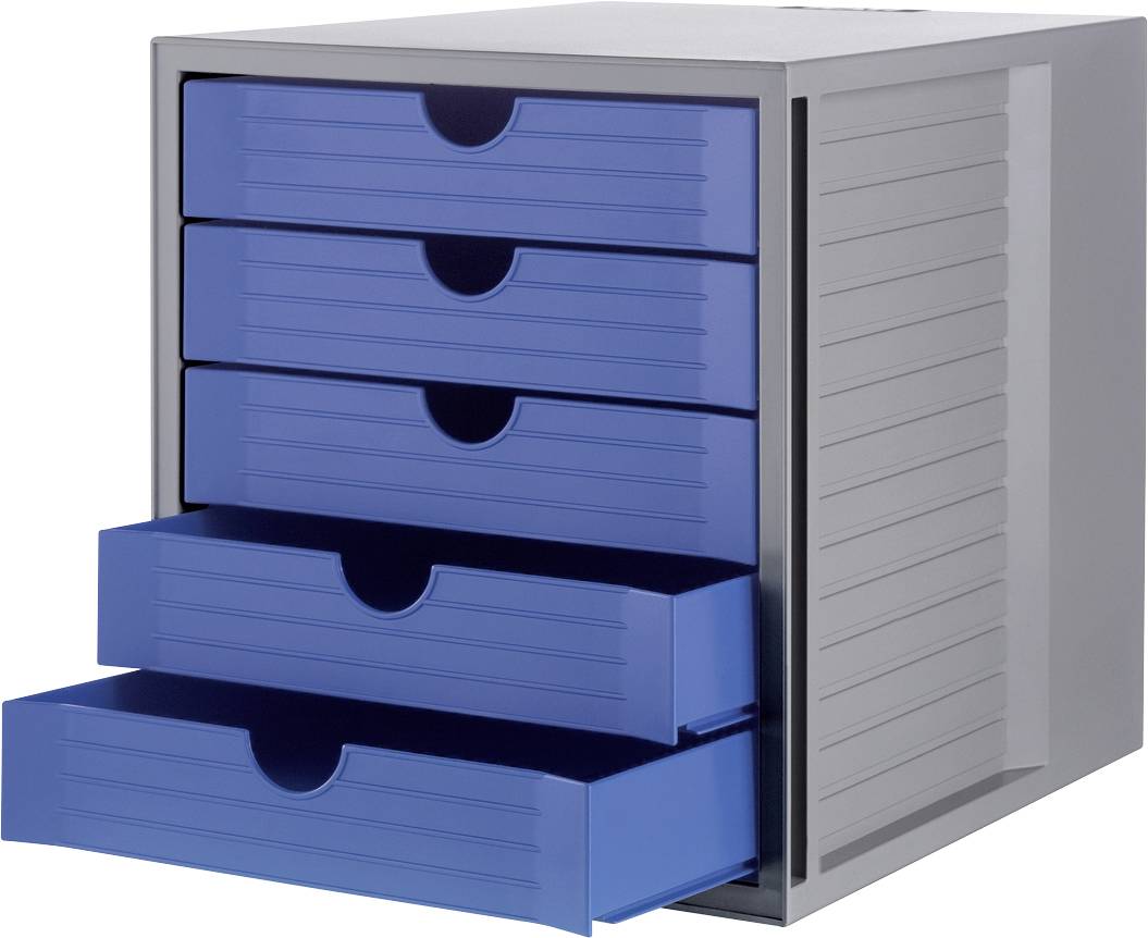Grey drawer unit with four blue drawers, two of which are open. Perfect for office organisation.