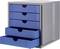 Grey drawer unit with four blue drawers, two of which are open. Perfect for office organisation.