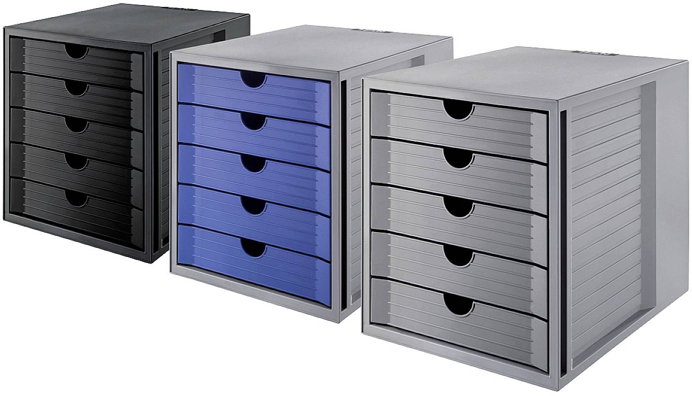 Three stackable drawer units, with black on the left, blue in the middle, and grey on the right. Each unit has five drawers.