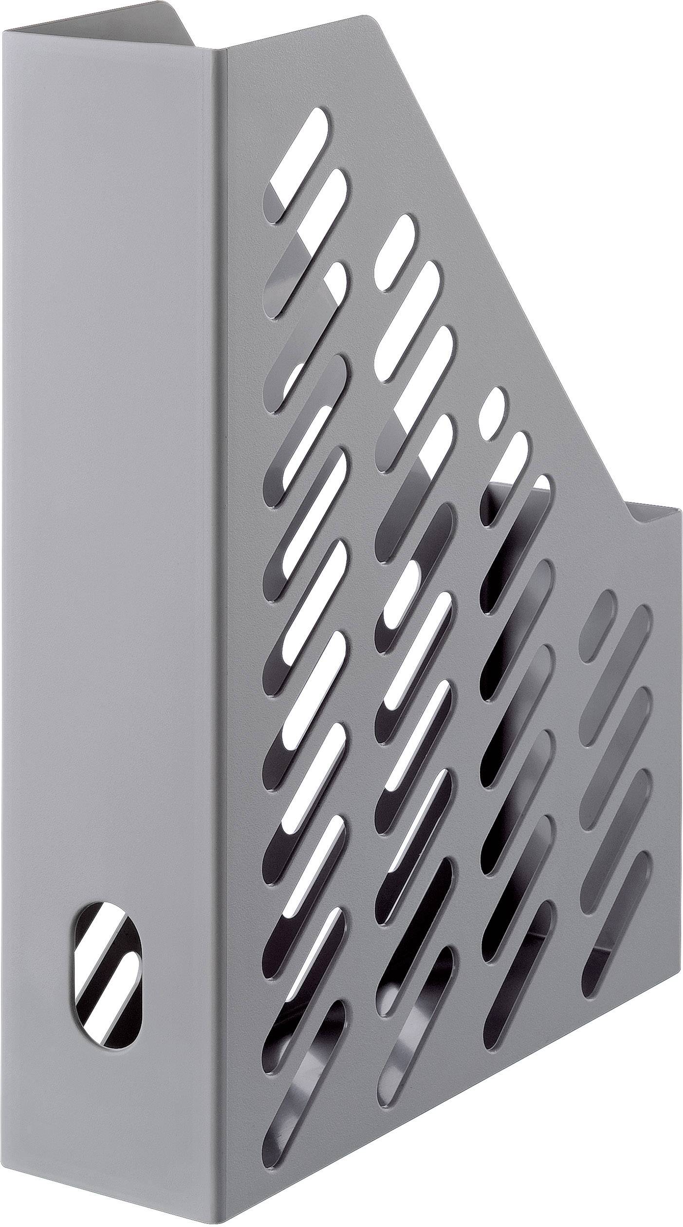 Grey magazine collector with diamond-shaped cut-outs, standing.