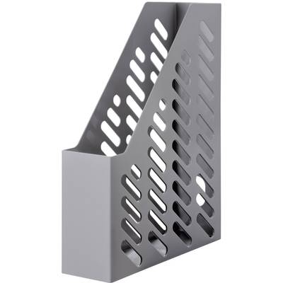 A grey magazine holder with angled cut-outs, suitable for storing documents or magazines.