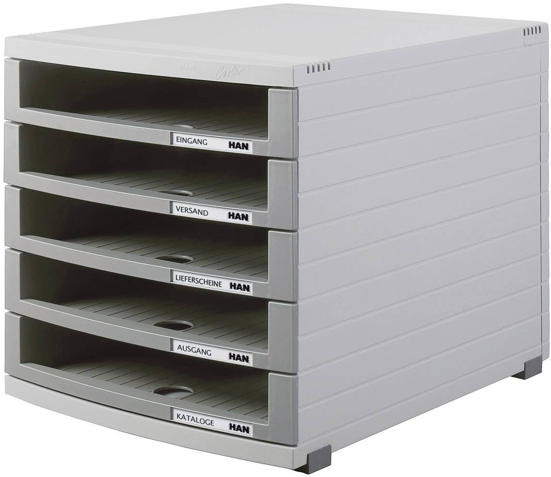 Grey filing drawer with five stacked drawers, labelled: 'Incoming', 'Dispatch', 'Delivery Notes', 'Outgoing', 'Catalogues'.