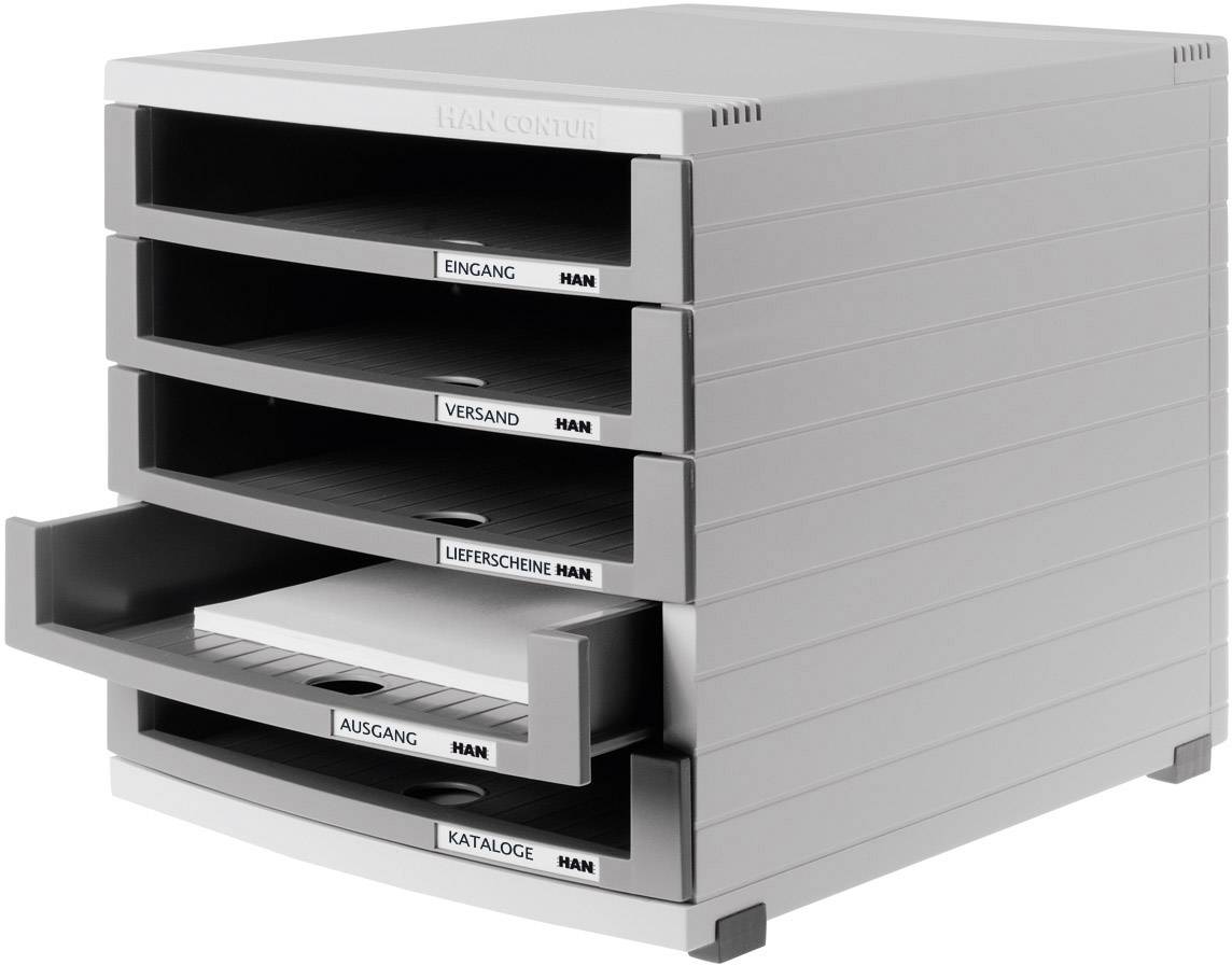 Grey filing tower with five labelled compartments: Entrance, Dispatch, Delivery Notes, Outgoing, Catalogues. One compartment is slightly pulled out.