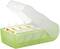 A green filing box with an open, transparent lid. Inside are index cards with colour-coded labels.