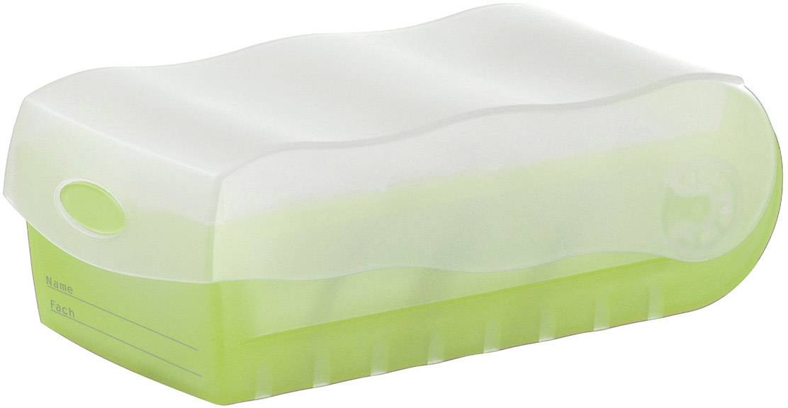 A rectangular, transparent soap dispenser with a white lid and green base. Text 'Name/Each' visible on the side.