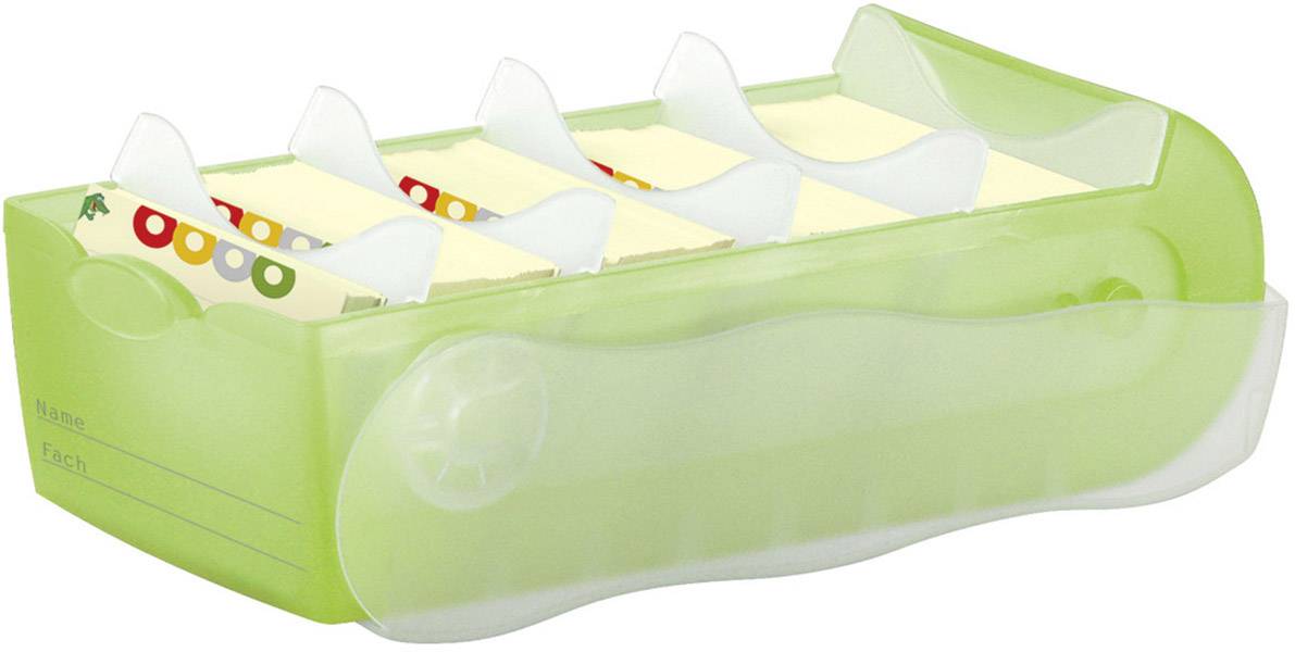 Green card index box with divider tabs and writable labels. Perfect for organising and sorting cards.