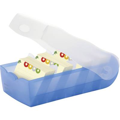 Blue card index box with an open lid, showing three index tabs with coloured markers.