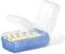 Blue Weekly Pill Organiser with separate compartments for safe medication storage, featuring a transparent lid.