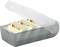 Foldable grey index card box with divider tabs in red, yellow, green and grey. Contains distributed blank index cards.