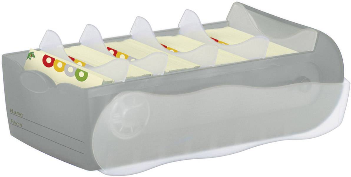 A grey, transparent card index box with dividers and coloured index sheets, viewed from the side.