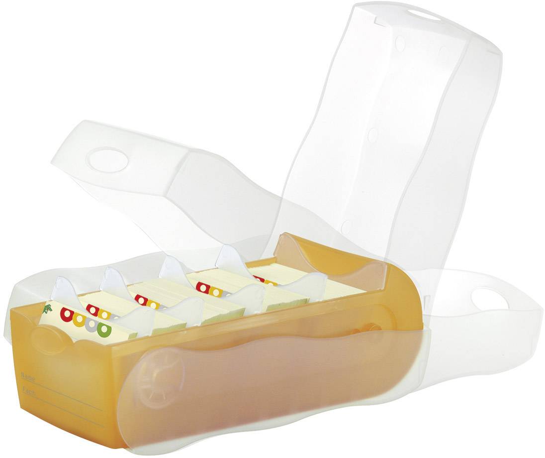 An opened, transparent egg carton with six eggs, partially visible, in a protective plastic container.