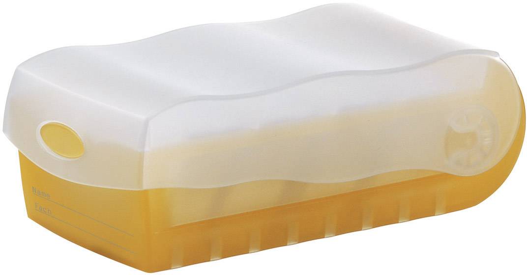 A yellow soap dish with a transparent lid and rounded corners.