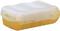 A yellow soap dish with a transparent lid and rounded corners.