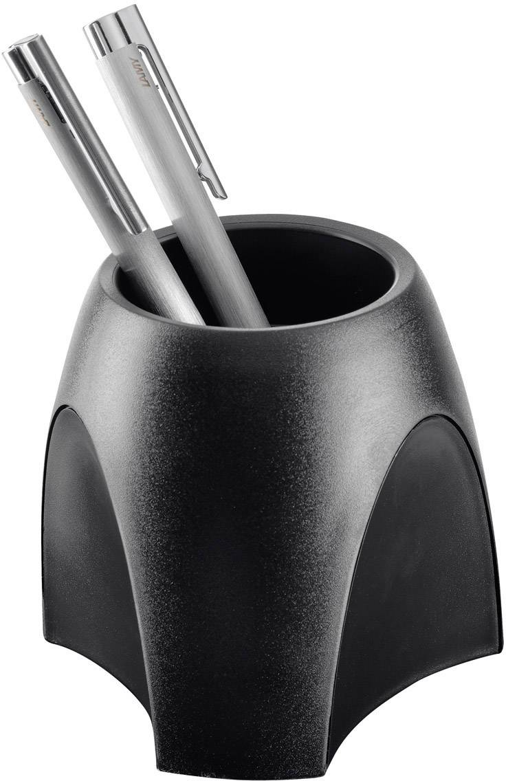 A black, modern pen holder with two silver ballpoint pens inside.