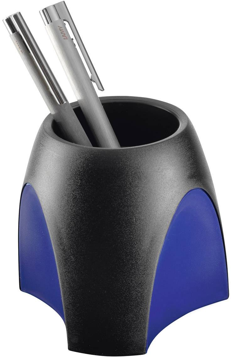 Black and blue pen holder with two silver pens inside.