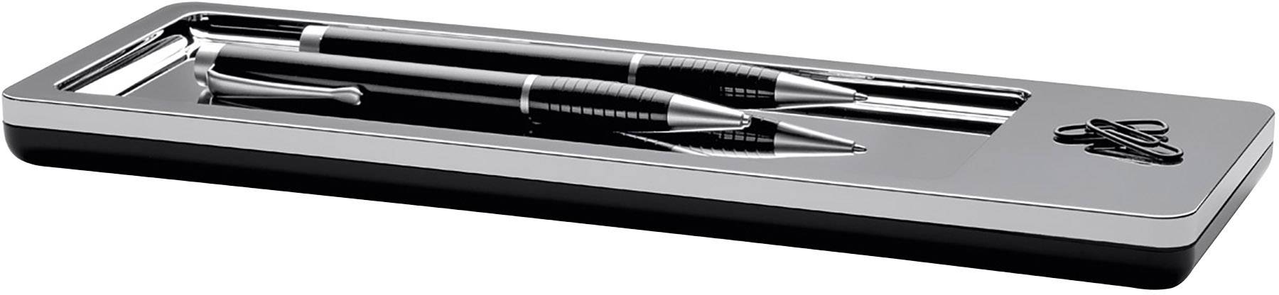 An elegant black and silver pen set with two pens in a rectangular metal case, suitable as a sophisticated gift.