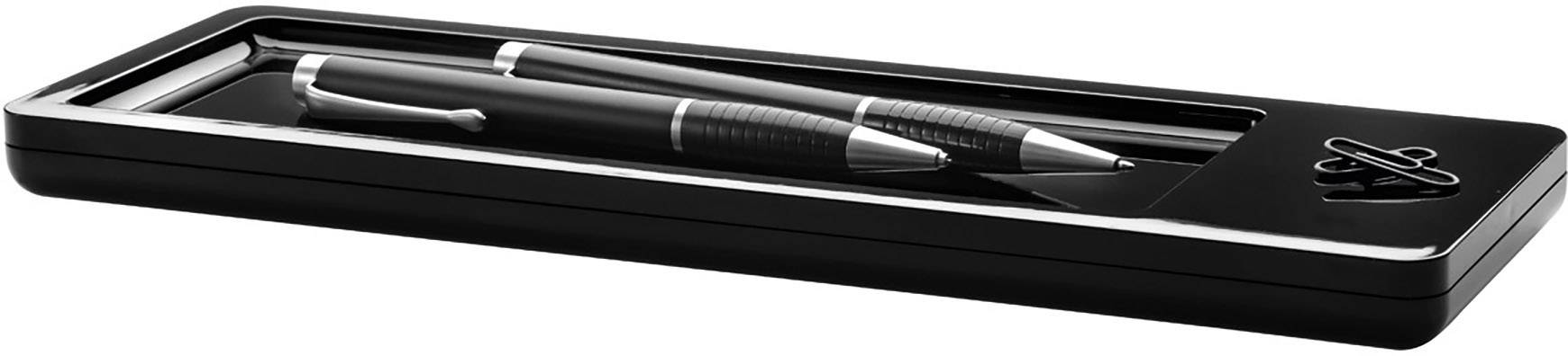 A rectangular black case with a transparent lid. Inside are two black pens with silver details.