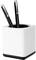 A white, square pen holder with two black pens inside it.