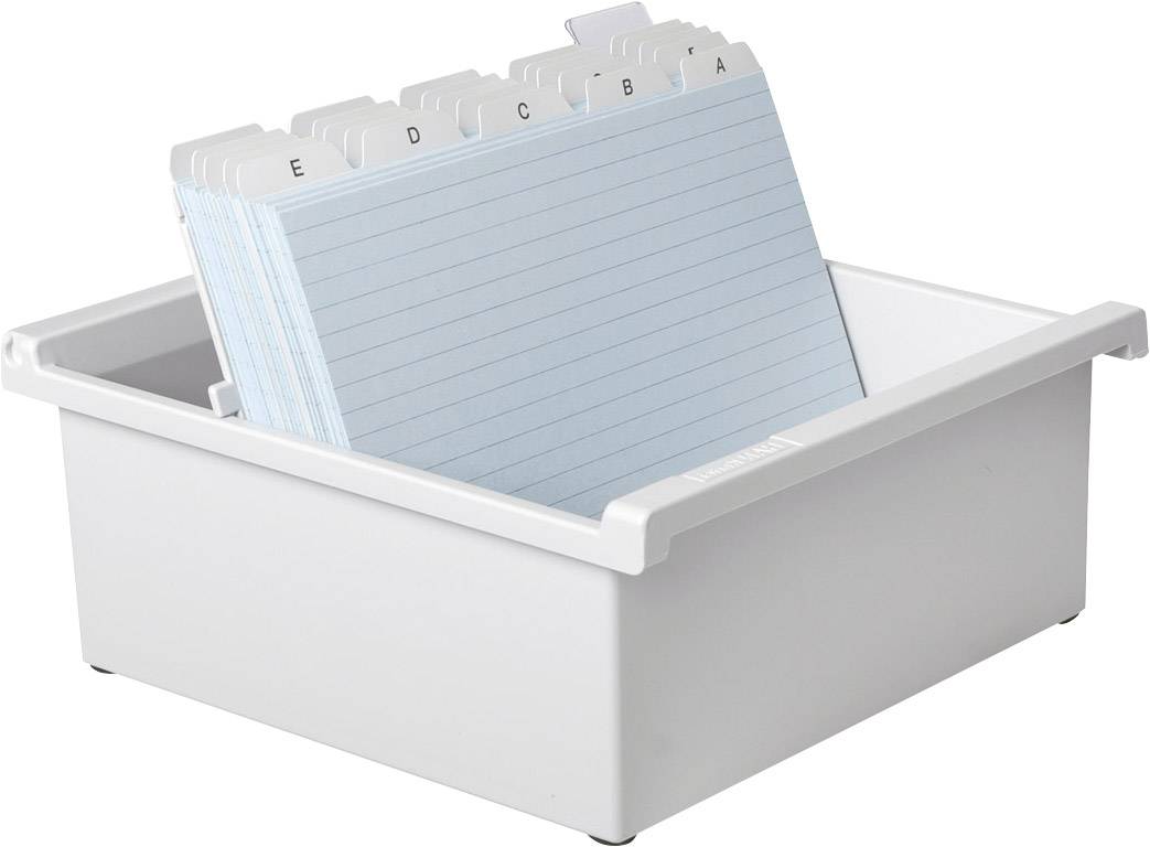 A white index card box with tabs labelled with letters, sorting blue, lined index cards.