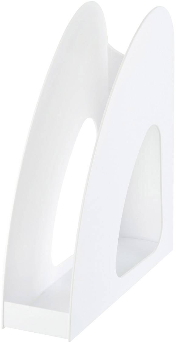 A white plastic magazine holder with a curved design, an open front section, and side grip openings.