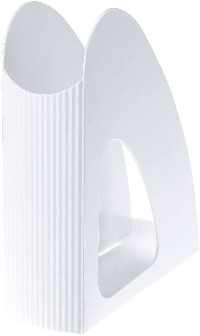 A white plastic magazine holder with a ribbed surface and an oval opening stands upright.