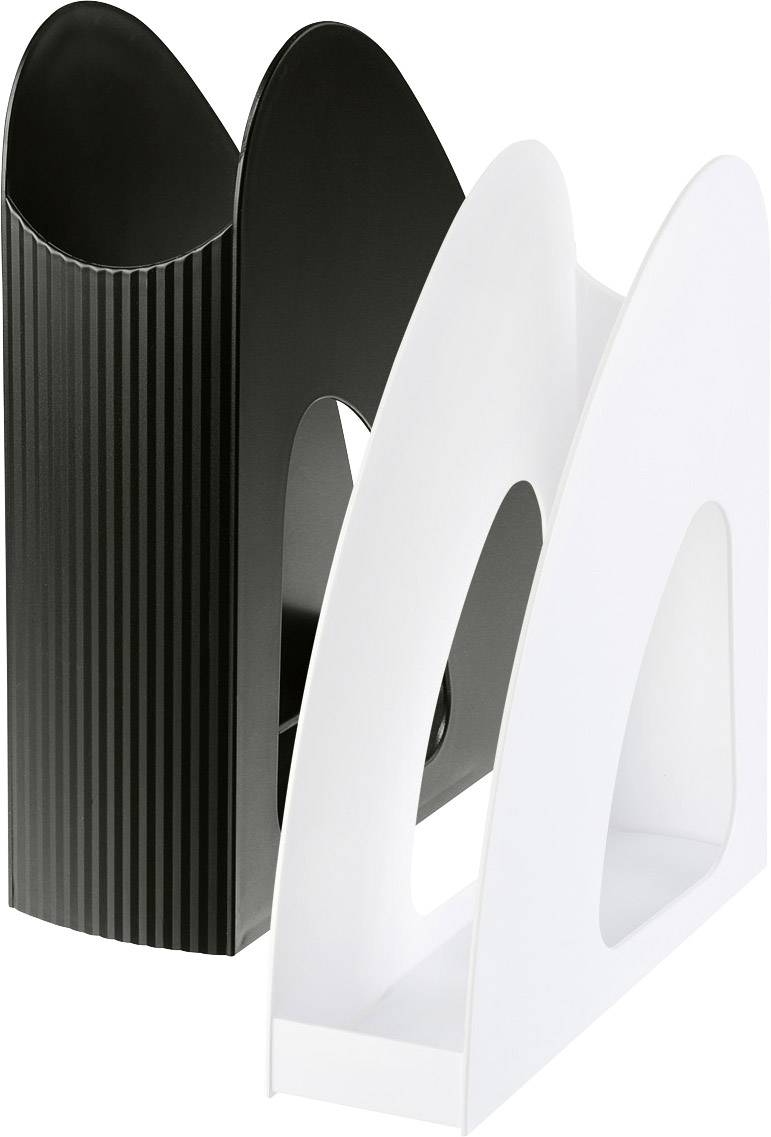 Two contemporary newspaper stands, one black with ribbed texture and the other smooth white.