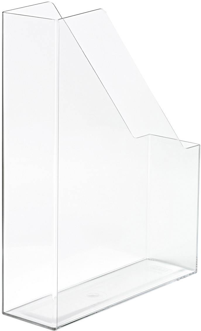 Transparent, upright plastic magazine rack, suitable for storing brochures or documents.