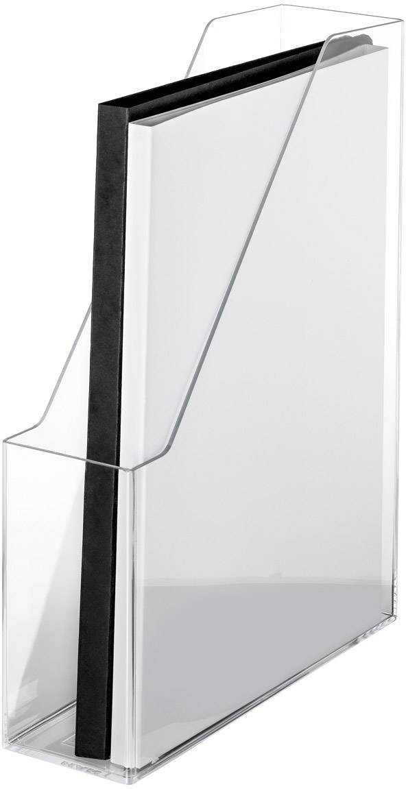 A blank, transparent magazine holder containing a black-bound, empty notebook.