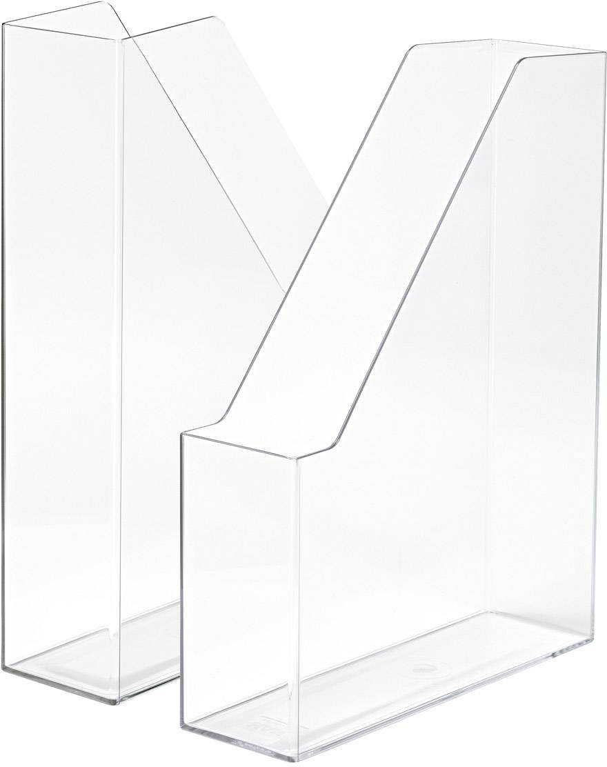 Two transparent, vertical plastic magazine holders with angled top edges stand side by side.