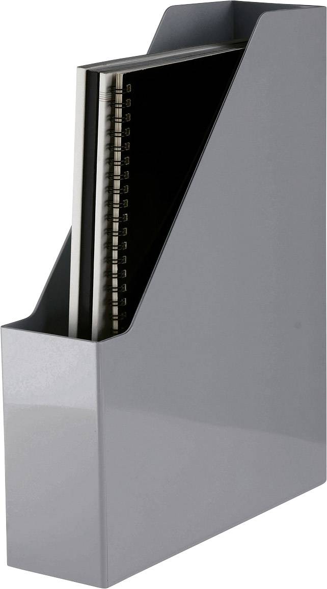 A grey filing shelf with a notebook placed inside it. The shelf is used for systematic storage of documents.