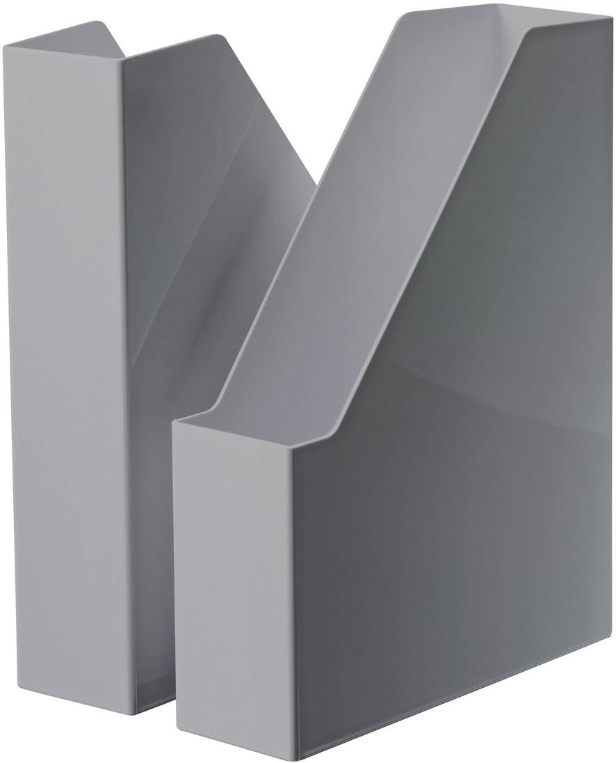 Grey, modern V-shaped bookends stand side by side; a stylish and minimalist storage solution for books or magazines.