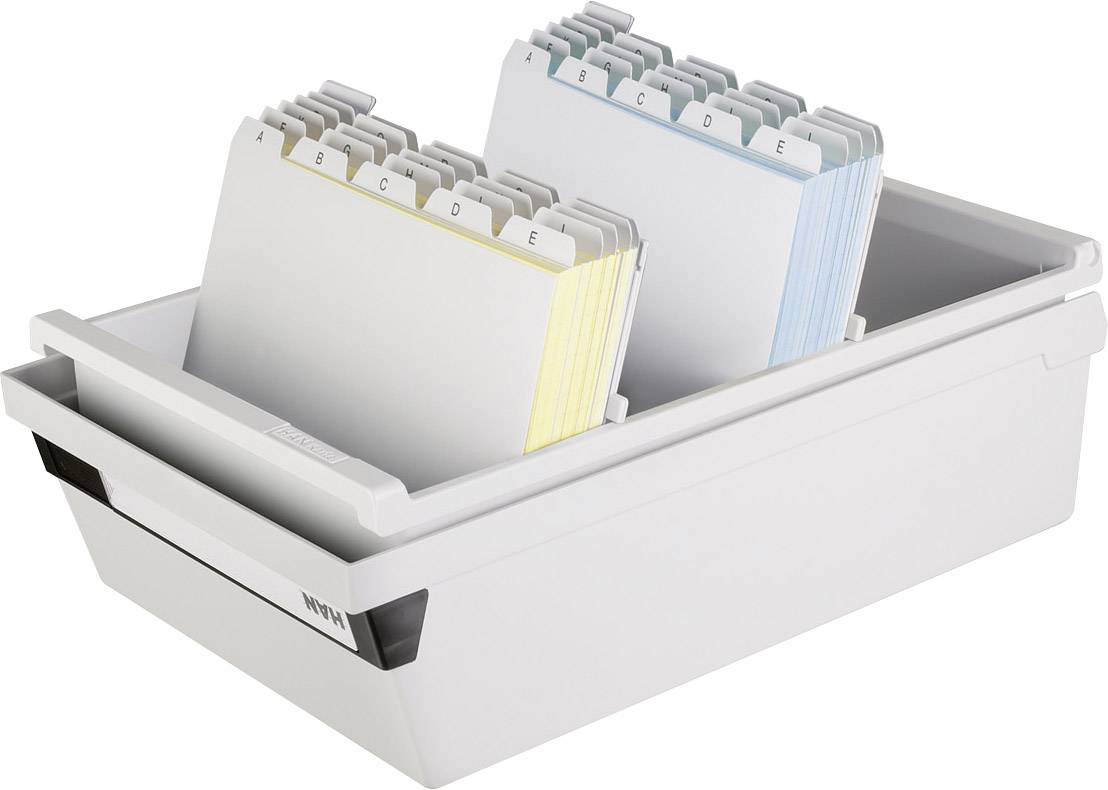 A white index card box with alphabetically sorted index cards in various colours, organised by divider tabs from A to E.