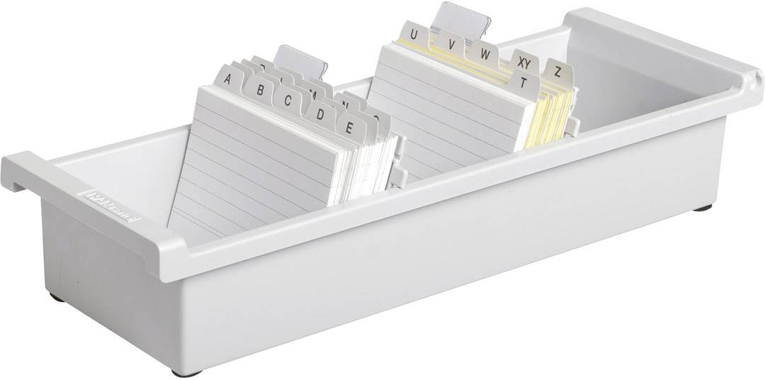 A grey filing tray with alphabetically sorted dividers from 'A' to 'Z'. It contains blank index cards.
